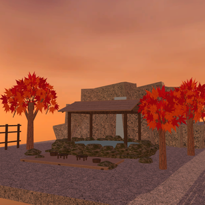 【VRChat想定】渓谷の露天風呂セット｜岩風呂・滝・紅葉・湯屋【unitypackage同梱 / FBX・OBJ】