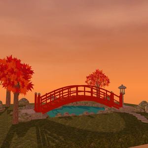 【VRChat想定】和風庭園 池と太鼓橋セット｜朱の反り橋・紅葉・石灯籠・飛石【17千ポリゴン / unitypackage同梱】