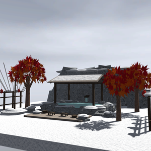 【VRChat想定】雪見の露天風呂セット｜雪の岩風呂・雪吊り・紅葉・提灯【16千ポリゴン / unitypackage同梱】