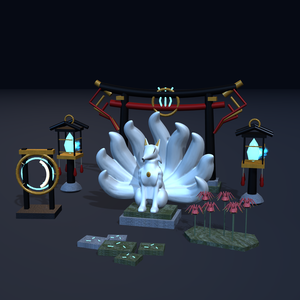 【VRChat想定】異界神域・狐火結界セット｜結界門・九尾像・神鏡・狐火5色【unitypackage同梱 / FBX・OBJ】