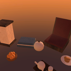 【無料】【VRChat想定】こたつの上のもの一式｜みかん盛り・急須と湯呑・湯たんぽ・座椅子・行灯【unitypackage / FBX・OBJ】