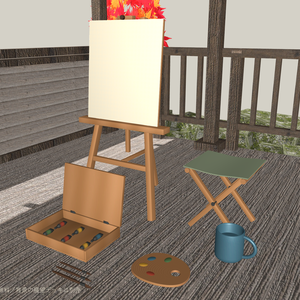 【無料】【VRChat想定】秋の写生道具一式｜イーゼル・画材・折畳腰掛け【unitypackage同梱 / FBX・OBJ】