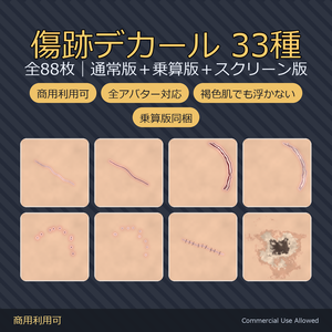 【商用利用可】傷跡デカール33種｜乗算版＋スクリーン版同梱で褐色肌でも浮かない 全88枚／VRChat・全アバター対応