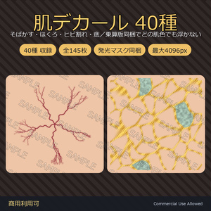【発光マスク同梱・最大4096px】肌デカール40種｜そばかす・ほくろ・ヒビ割れ・痣／乗算版同梱でどの肌色でも浮かない 全145枚／VRChat・全身に貼れる