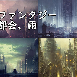 イラスト素材／背景素材　ファンタジー都会、雨