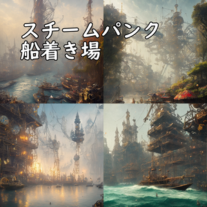 イラスト素材／背景素材　スチームパンク船着き場