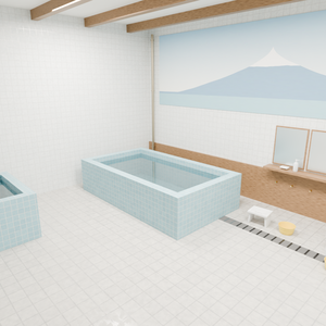 銭湯 洗い場 3Dシーン｜タイル・湯船・カラン・富士山（Blender / FBX / glTF）
