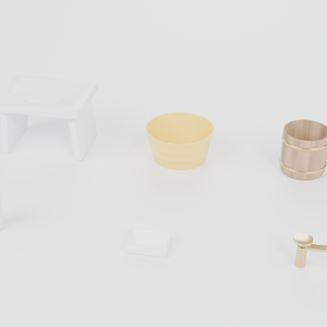 銭湯の小物 3Dモデル6点セット｜湯桶・風呂椅子・手桶・カラン（Blender / FBX / glTF）