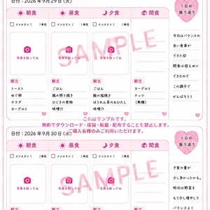【2026年9月　1か月分】食事管理シート 3分割食｜青色｜ピンク｜インスリン記録対応｜朝・昼・夕食｜健康管理｜デジタル版