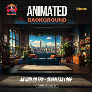 アニメーション背景｜窓からの景色が見えるリビングルーム｜シームレス配信バックドロップ