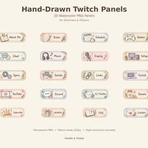 手描き風 Twitchパネル 20種セット｜水彩・透過PNG｜配信者・VTuber向け