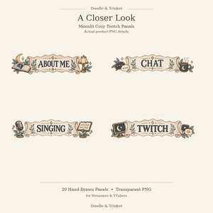 Moonlit Cozy Twitchパネル 20種セット｜月夜・手描き水彩・透過PNG｜配信者・VTuber向け