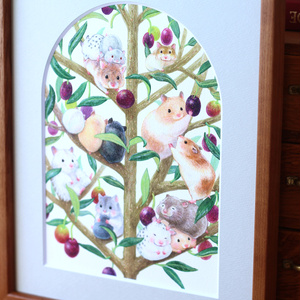 額入りジークレー版画 タイトル：《すごしたい時間》｜オリーブの樹と個性豊かなハムスターたち