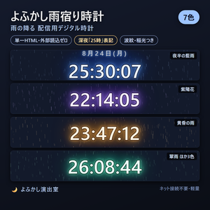 【一部無料】よふかし雨宿り時計 7色SET ─ 雨の降る配信用デジタル時計【OBS対応・単一HTML】