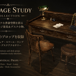 【ヴィンテージ・スタディ】書斎家具＆デスクアクセサリーセット【VRChat対応】