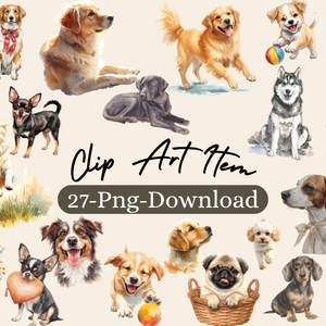 水彩画風　可愛い犬のクリップアート（27枚）/Watercolor Dog Clipart Set (27 PNGs)