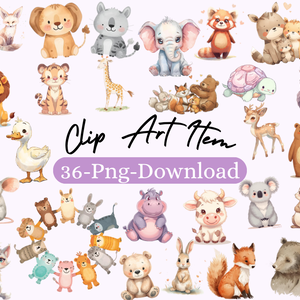 かわいい動物たちの水彩イラスト（36枚・PNG） /Kindergarten Animal Collection – 36 Soft Watercolor Illustrations (PNG)