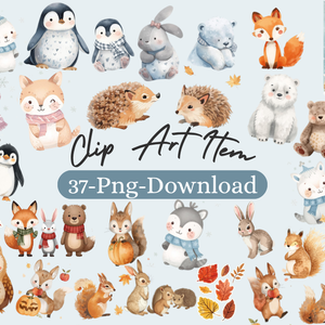ふんわり可愛い 秋と冬のどうぶつたち（37枚セット・PNG形式）/Cute Autumn and Winter Animals – Gentle Watercolor Collection (37 PNGs)