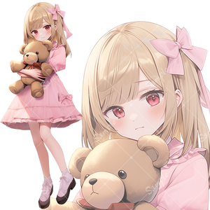 全身立ち絵素材72 ぬいぐるみを抱えた女の子