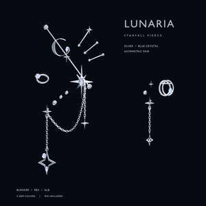 【無料 / VRChat向け素材】LUNARIA｜星と月のチェーンピアス【左右セット・3色・Blender / FBX】