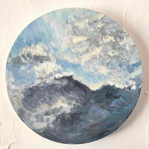 直径30㎝「画家の家の上空3」油彩・絵画・原画・丸形・アートパネル