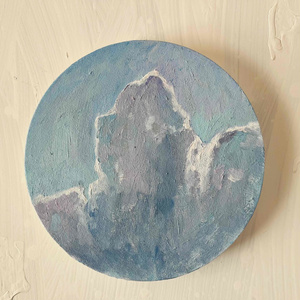空 直径25㎝「画家の家の上空2」油彩・絵画・原画・丸形・アートパネ