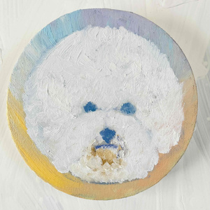 犬 絵画 『ビジョンフリーゼ全身像20261』油彩 原画 直径25㎝ - かいが