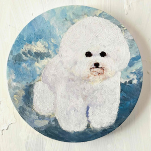 油彩 絵画 『ビジョンフリーゼの肖像20261』原画 丸形 直径15cm 絵画 犬 絵画 『ビジョンフリーゼ全身像20261』油彩 原画 直径25㎝ - かいが