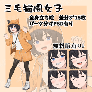 【TRPG/動画用立ち絵素材・無料版有】三毛猫風女子【表情15種/パーツ分けPSD】