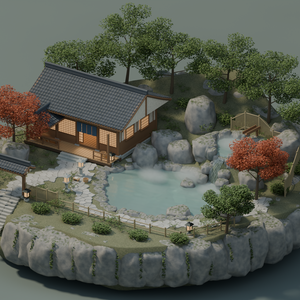 【Blender】山あいの温泉｜湯屋・二段露天風呂・庭園セット