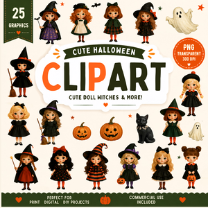 【商用利用可】ハロウィン 魔女っ子ドールのクリップアート 25種セット（背景透過PNG）