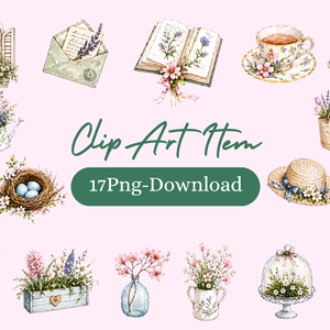 【 季節春 Spring 】水彩アンティーク風クリップアート素材17点セット｜PNG形式背景透過