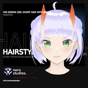 ONI DEMON GIRL SHORT HAIR WITH BRAIDS AND HORNS (VROID FILE) (re-edited) / 鬼 悪魔  紫の髪  角 組み紐 ハロウィン 不気味な