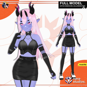GOTHIC DEMON GIRL HALLOWEEN PUNK COSTUME FULL OUTFIT AND HAIRSTYLE PRESETS FOR VROID TEXTURES (VROID FILE) / ハロウィン サキュバス ゴシック 女の子 ストッキング 網タイツ ヴァンパイア 鬼 角