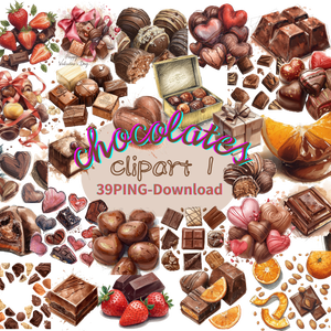 バレンタインにも使えるチョコ好きさんのためのチョコレートクリップアート素材セット１　PNG形式（背景透過）39種