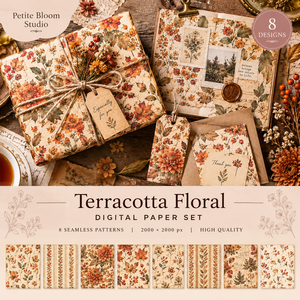 Terracotta Floral｜秋色ボタニカル デジタルペーパー 8枚セット｜シームレスパターン｜ジャンクジャーナル・コラージュ