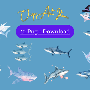 【商用利用OK】🦈 ゆめかわサメ 水彩クリップアート12点｜可愛いシャーク PNG Kawaii Watercolor Shark Clipart Set