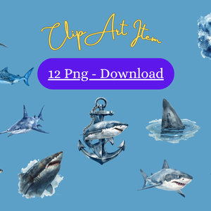 【商用利用OK】水彩風クールなサメ クリップアートセット🦈12 PNG透過 高解像度｜Watercolor Cool Shark Clipart Set