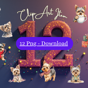 【限定】ふんわり水彩ヨーキーのクリスマスセット｜かわいい子犬の冬クリップアート12点 PNG素材Watercolor Yorkie Christmas Clipart Set | Cute Puppy Winter Collection (12 PNG)