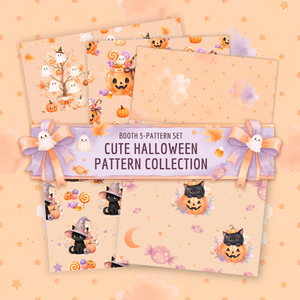 【デジタルペーパー】黒猫と水彩ペイント / ふんわりパステルハロウィン素材 5 枚セット｜商用利用可・高解像度PNG