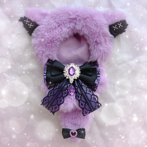【110】おすわり　ねこ　悪魔　ぬい服　16cm 着ぐるみ　薄紫　ファー ❤︎ぬい服 おすわりぬい服 着ぐるみ 10cm ねこちゃん 紫×黒 チェック