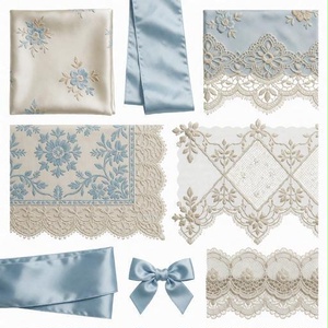 レース、布、リボン素材｜ブルー・ゴールド・白カラー｜lace, fabric, ribbon｜M0373