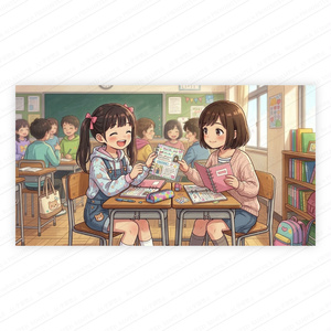 平成レトロな教室でプロフィール帳やシールを見せ合う女子児童二人のイラスト AI生成 高画質