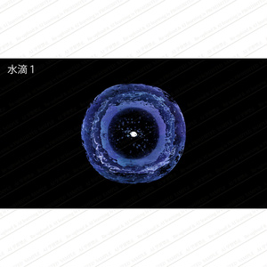 黒背景に浮かぶ抽象的な青い水滴と波紋の3Dイメージ画像素材　高画質