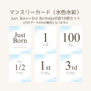 【PDFデータ】 水色水彩マンスリーカード ｜ Just Born~3歳バースデー｜月齢 カード