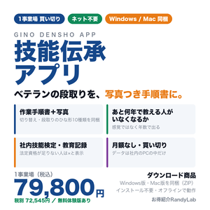 技能伝承アプリ｜ベテランの段取りを写真つき手順書に（買い切り・1事業場・Windows/Mac同梱）