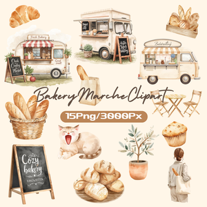 やさしいベーカリーマルシェ｜Bakery Marche Clipart｜15PNG・3000×3000px｜Canvaテンプレート