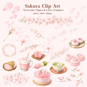 さくら水彩クリップアート素材｜春の和スイーツ＆桜イラスト｜PNG20点｜3000px｜Canvaテンプレート Sakura Watercolor Clip Art Set | Cherry Blossom & Spring Sweets | 20 PNG | 3000px | Canva Template