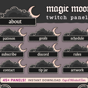 ブラックの魔法の月と雲Twitchパネル素材セット｜かわいい配信バナー＆装飾