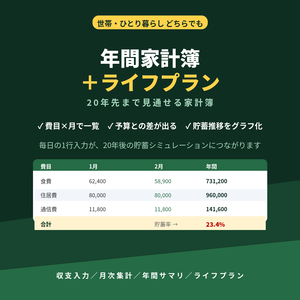 年間家計簿＋ライフプラン表 Excel｜費目別・月次集計・20年先の貯蓄シミュレーション